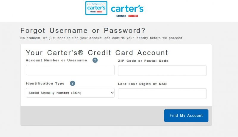 Carters credit card forgot password