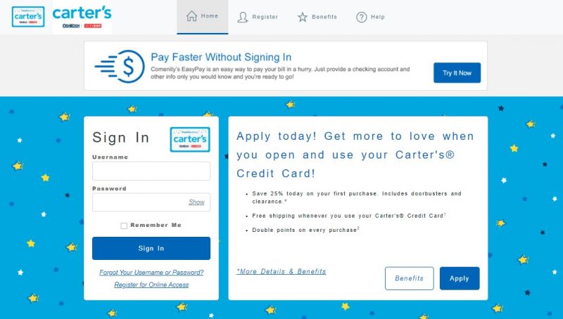 Carters credit card homepage